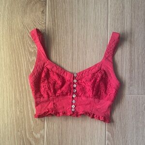 Red Free People Lace Detail Button-Up Crop Top